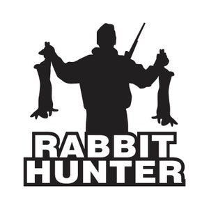 May include: Black silhouette of a person holding two rabbits and a rifle. The text "RABBIT HUNTER" is displayed in a white, bold font below the figure, set against a black rectangular background.