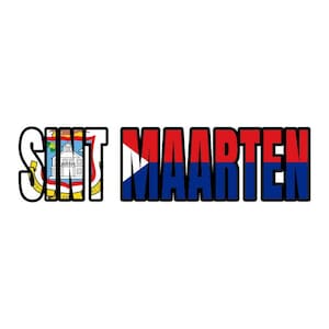 May include: A graphic design featuring the words "Sint Maarten" in black with a white outline. The word "Maarten" is in red, white, and blue, resembling the Sint Maarten flag.