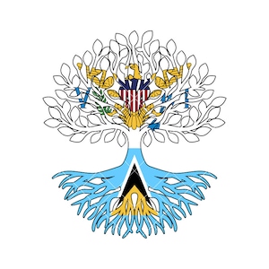 May include: A stylized tree illustration with roots and branches. The roots are in the shape of the Saint Lucia flag, with a black triangle and yellow accents. The branches and leaves are filled with the flag of the U.S. Virgin Islands.