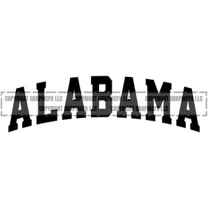 May include: Black and white graphic of the word "ALABAMA" in a bold, arched font.