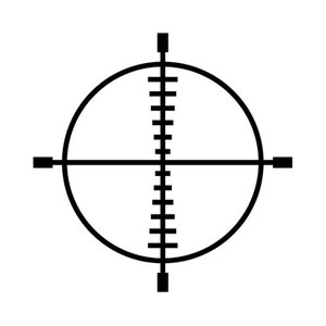 May include: A black and white target with a circle and crosshairs in the center.