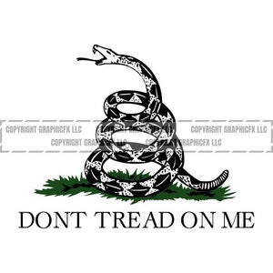 May include: A black and white coiled snake with a white background. The snake is coiled in a defensive position with its head raised and mouth open. The snake is on a green patch of grass. The text "DONT TREAD ON ME" is below the snake.