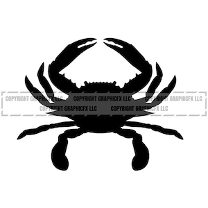 May include: Black silhouette of a crab with its claws raised. The crab is facing forward with its legs spread out.