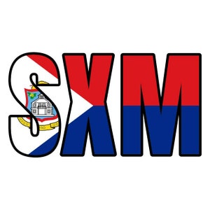May include: The word "SXM" in bold, outlined in black, with each letter colored. The "S" is filled with the flag of Sint Maarten, the "X" is red over blue, and the "M" is red over blue. The background is white.
