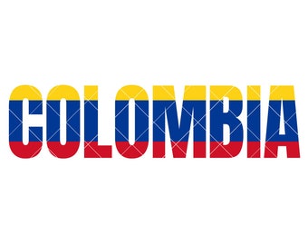 May include: The word "COLOMBIA" in large, bold letters. The letters are filled with the colors of the Colombian flag: yellow, blue, and red.