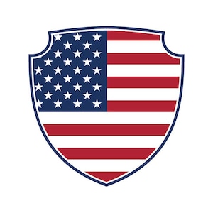 May include: A shield-shaped graphic with the American flag design. The shield is blue with a red and white striped flag inside.