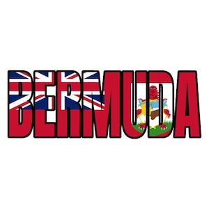 May include: The word "BERMUDA" is written in bold, black letters. Each letter is filled with the flag of Bermuda, which is a red field with a Union Jack in the upper left corner and the Bermuda coat of arms in the lower right corner.