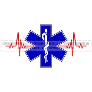Könnte beinhalten: Ein blauer sechszackiger Stern mit einem weißen Caduceus-Symbol in der Mitte. Der Stern ist von einer roten Herzschlaggrafik umgeben.