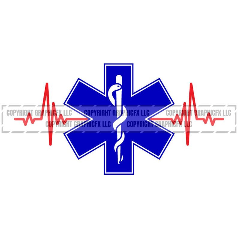 Pode incluir: Uma estrela azul de seis pontas com um s&iacute;mbolo de caduceu branco no centro. A estrela &eacute; cercada por um gr&aacute;fico de batimento card&iacute;aco vermelho.
