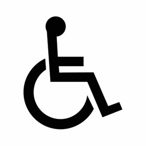 Pode incluir: Símbolo de acessibilidade preto e branco que representa uma pessoa em cadeira de rodas.