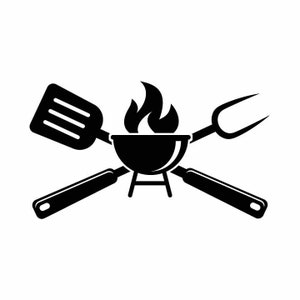 May include: Black and white silhouette of a grill with a spatula, a fork, and flames.