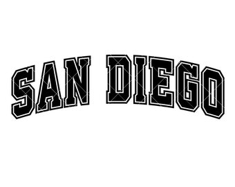 Peut inclure: Texte noir et blanc sur fond blanc : "SAN DIEGO" écrit en police de style universitaire incurvée. Les lettres sont noires avec un contour blanc.
