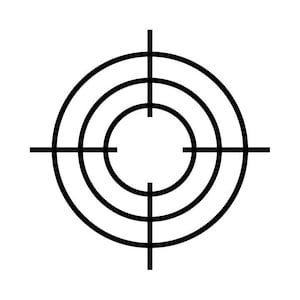 May include: A black and white target with three concentric circles and a crosshair in the center.