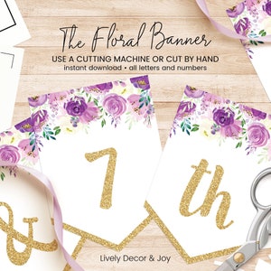 Printable purple and gold floral banner, all letters and numbers included. Casual handwritten font, instant download. PNG + PDF