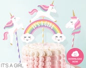 Download It S A Girl Rainbow Cake Topper With Unicorns And Gold Accents Pdf Png Svg And Dxf Files For Instant Download By Lively Party Store Catch My Party