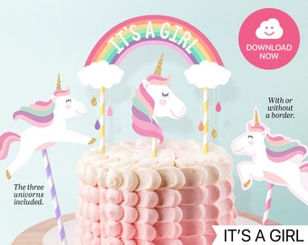 It S A Girl Unicorn Printable Cake Topper Baby Shower Etsy