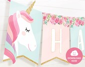 Download Unicorn Gold Banner Printable Bunting Banner 84 Flag Designs With All Letters And Numbers Unicorn And Watercolor Floral Pdf Png Svg By Lively Party Store Catch My Party