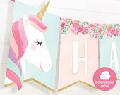 Download Unicorn Gold Banner Printable Bunting Banner 84 Flag Designs With All Letters And Numbers Unicorn And Watercolor Floral Pdf Png Svg By Lively Party Store Catch My Party