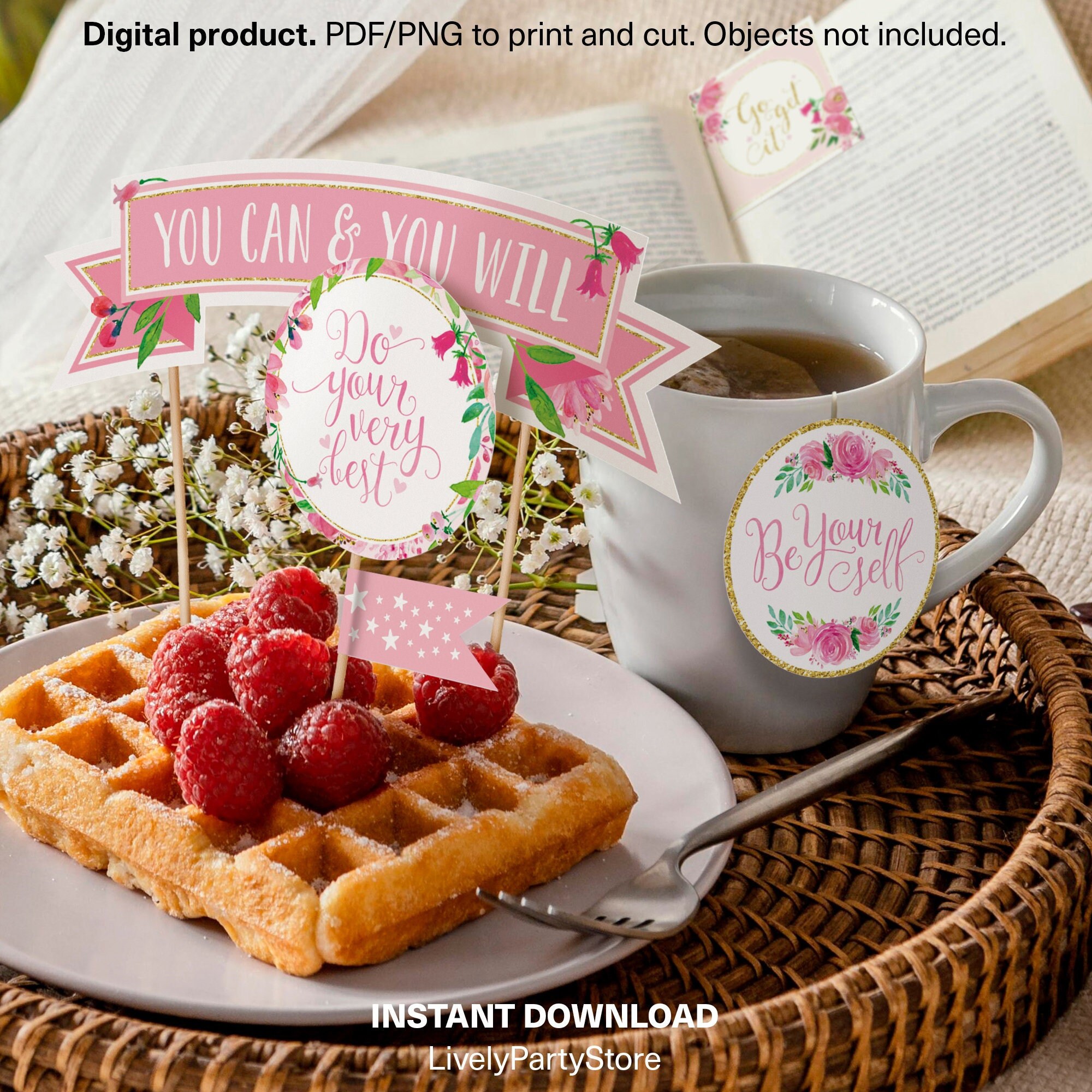 ENCOURAGEMENT Pink Gold Printable Baby Shower Decorations Floral cake topper cupcake toppers labels and more Instant Download