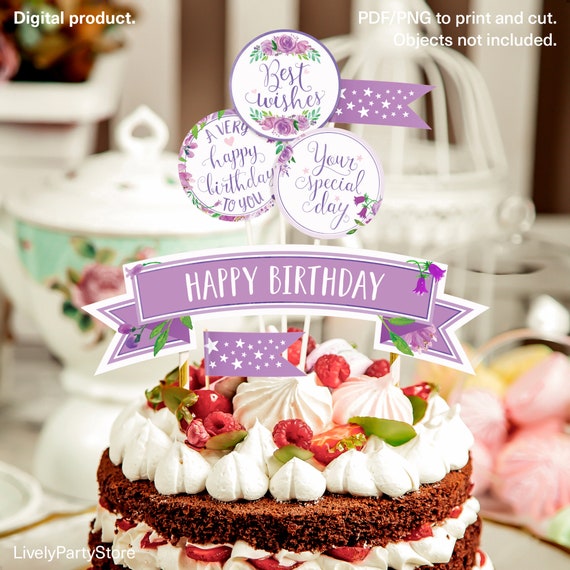 HAPPY BIRTHDAY – Purple Printable Party Decorations. Instant download. Watercolor floral cake topper, cupcake toppers, labels, and more. Il_570xn