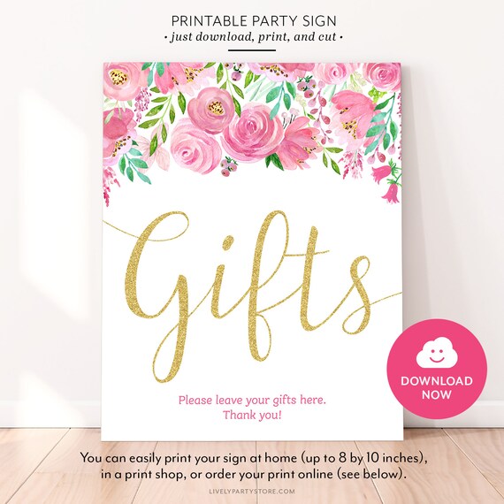 Pink and Gold GIFTS printable party sign, lush floral watercolor and digital glitter Gifts table sign, instant download, digital files Il_570xn
