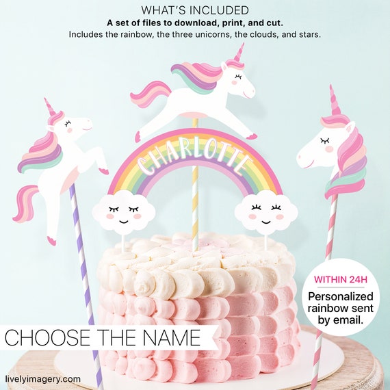Download Unicorn Cake Topper With Personalized Rainbow Custom Cake Topper For Download Printable Name Topper With Pink Unicorns Svg Png And Pdf By Lively Party Store Catch My Party