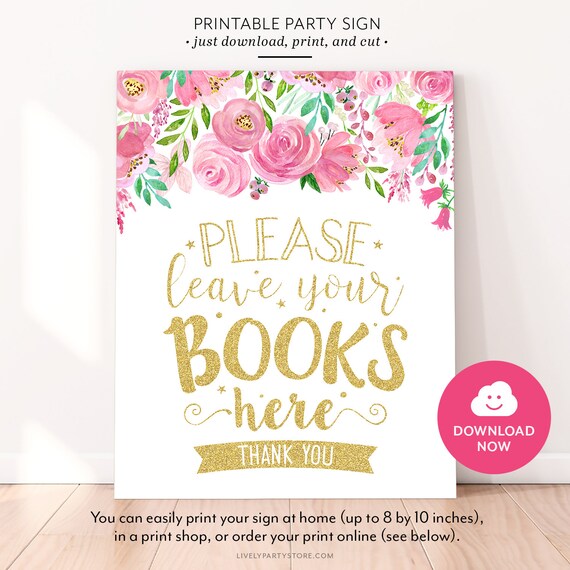 Pink and Gold BOOKS HERE printable party sign, lush floral watercolor and digital glitter Books table sign, instant download, digital files Il_570xn