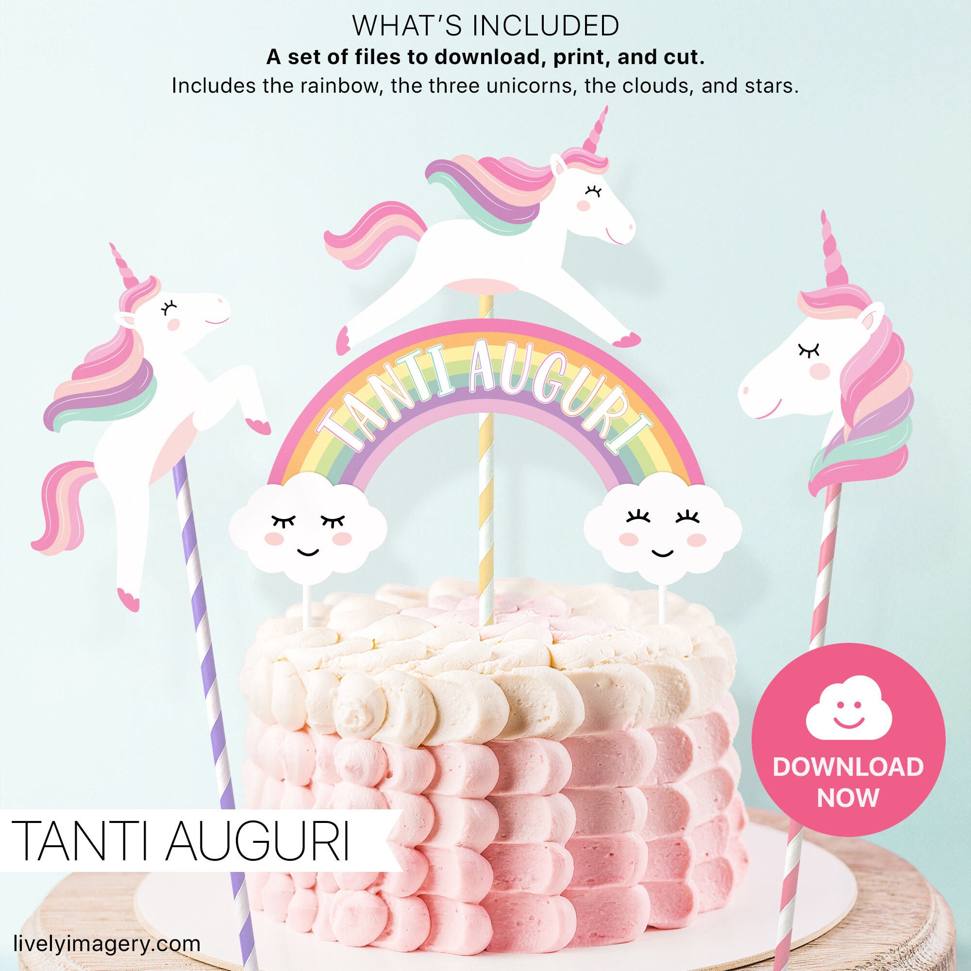 Tanti Auguri Rainbow Topper With Unicorns Pdf Png Svg And Etsy