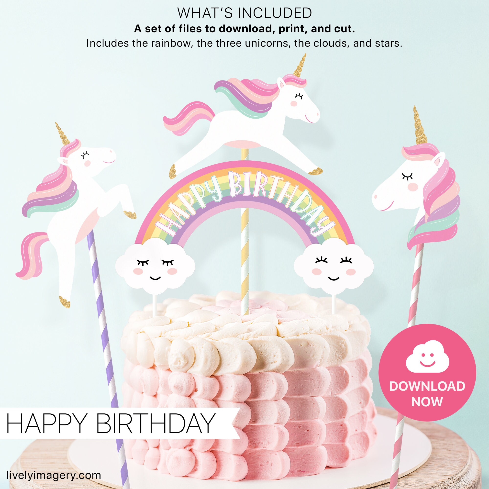 Happy Birthday Rainbow Topper With Unicorns And Gold Accents Etsy