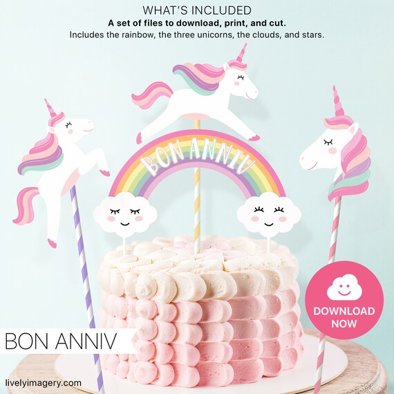 Bon Anniv Rainbow Topper With Unicorns Pdf Png Svg And Dxf Files For Instant Download Happy Birthday In French Bon Anniversaire By Lively Party Store Catch My Party