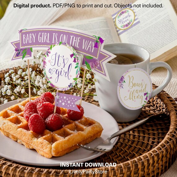 IT'S A GIRL – Purple & Gold Printable Baby Shower Decorations. Floral cake topper, cupcake toppers, labels, and more. Instant Download. Il_570xn