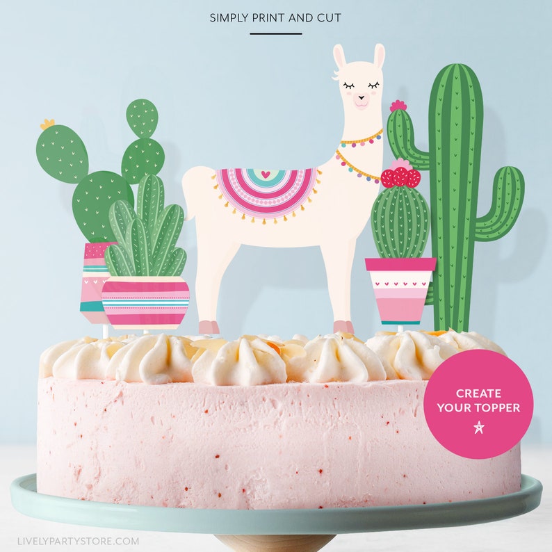 Llama cake topper with cactus. Pink and green llama and cactus | Etsy