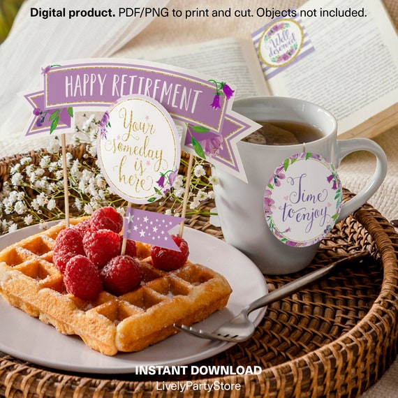 RETIREMENT – Purple & Gold Printable Baby Shower Decorations. Floral cake topper, cupcake toppers, labels, and more. Instant Download. Il_570xn
