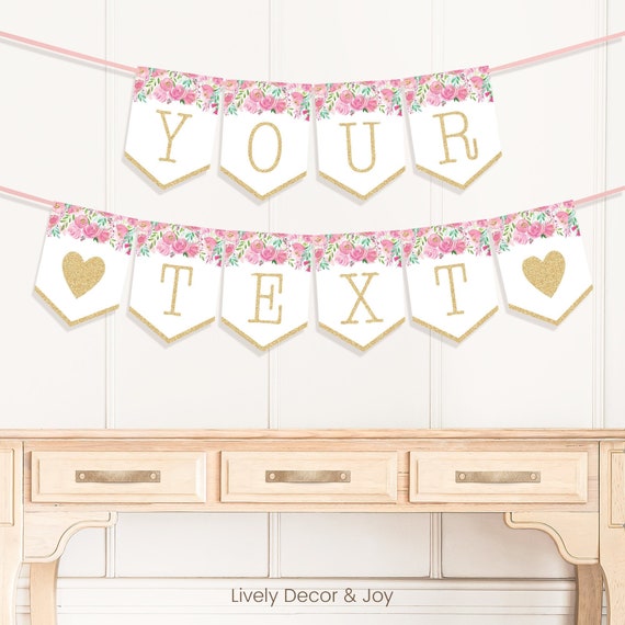 Printable Pink and Gold Floral Banner. All Letters and More | Etsy
