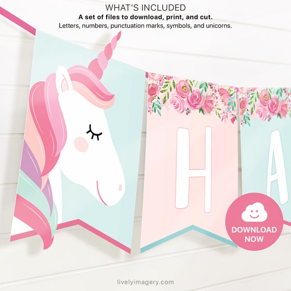 Download Unicorn Banner Printable Bunting Banner 84 Flag Designs With All Letters And Numbers Unicorn And Watercolor Floral Pdf Png Svg By Lively Party Store Catch My Party
