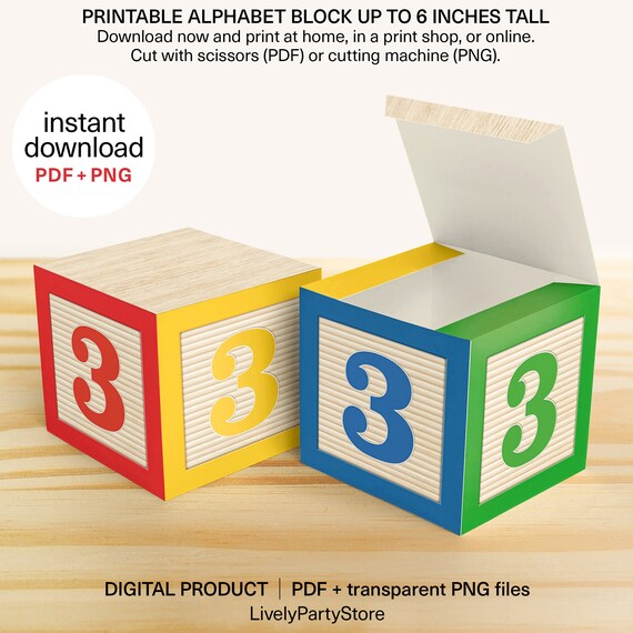 Printable NUMBER 3 alphabet block. Primary colors and green, instant
