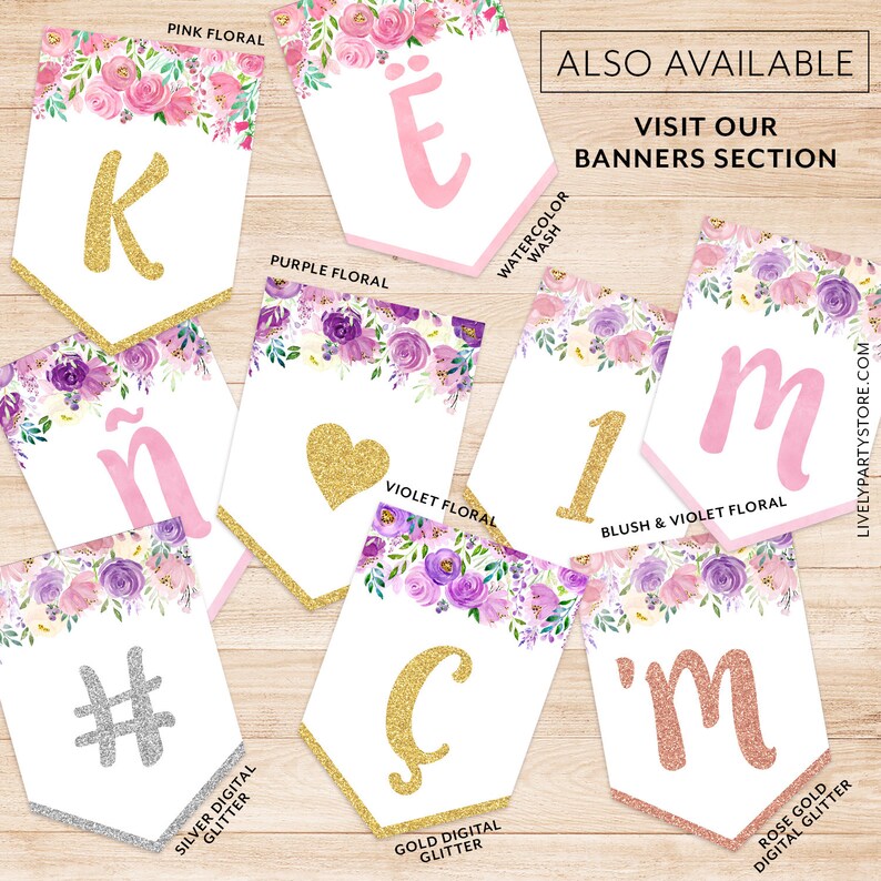 All Letters and Numbers BLUSH FLORAL and WATERCOLOR Alphabet Printable Banner Instant Download. Floral Watercolor