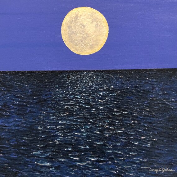 Moon Over The Ocean 12x12 Original Acrylic Mixed Media Etsy