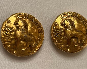 Vintage 1980's CHANEL Gold Plated CC Lion Coin Earrings