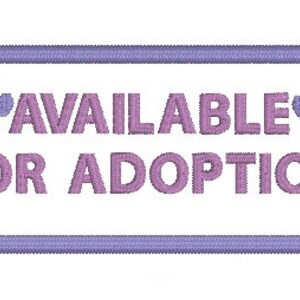 May include: A purple and white rectangular sign with paw prints on either side and the text "AVAILABLE FOR ADOPTION" in purple.