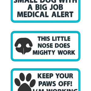 May include: Three blue and white rectangular patches with black text and icons. The top patch reads "Small Dog With A Big Job Medical Alert". The middle patch reads "This Little Nose Does Mighty Work" and features a black silhouette of a dog's nose. The bottom patch reads "Keep Your Paws Off! I'm Working" and features a black paw print.