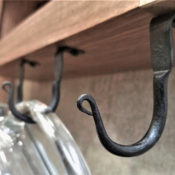 Hand Forged Hooks (3+) Wide Stocking Hanger Under Cabinet, Shelf, Mount for Home Kitchen Organization - Coffee Mugs Display Cup Storage