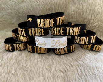 Hen Do Favour! 11 x Bride Tribe Black and Gold & 1 x White Bride Elastic Band / Wristband / Hairband / Stretchy Bracelet. Wedding