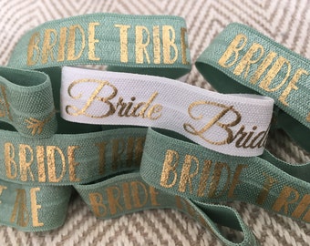 Hen Do Favour! 11 x Bride Tribe Sage Green and Gold & 1 x White Bride Elastic Wristband / Hairband / Stretchy Bracelet. Wedding