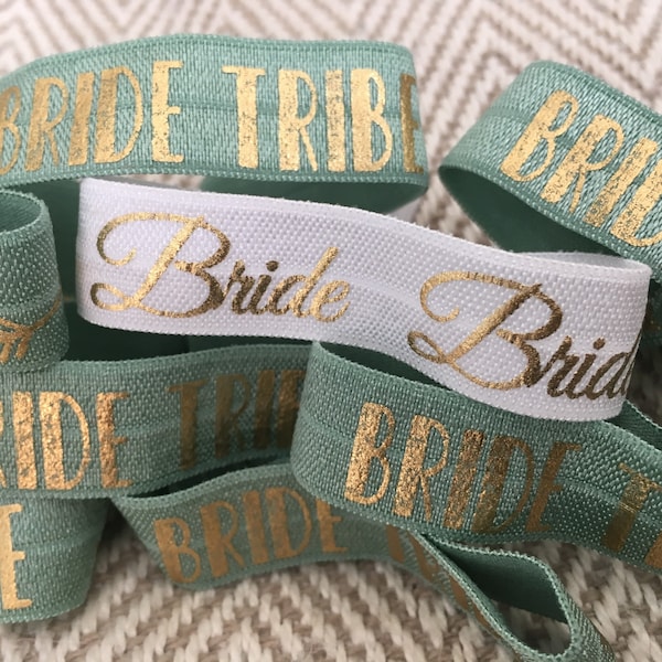 Hen Do Favour! 11 x Bride Tribe Sage Green and Gold & 1 x White Bride Elastic Wristband / Hairband / Stretchy Bracelet. Wedding