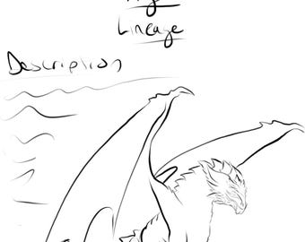 May include: A black and white digital line art drawing of a dragon perched on a rock. The top of the page features the handwritten text NAME, Age, Lineage, and Description, with wavy lines below the word Description to indicate a writing area.