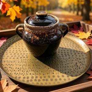 May include: A dark brown ceramic sugar bowl with two handles and a matching lid, featuring a glossy finish with a cream-colored drip glaze around the rim. The bowl sits centered on a round, textured gold-toned metal tray with a repeating pattern.