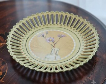 Vintage 1980s Pierced Green Ceramic Decorative Plate Floral Asters 12 Inch Cottagecore Decor