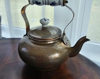 Vintage Copper Alloy Tea Kettle | Blue & White Porcelain Handle | Moody Victorian Decor