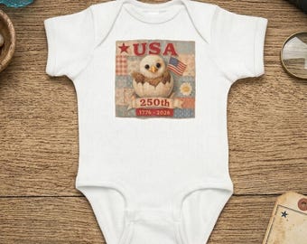 USA 250th Anniversary Baby Eagle Bodysuit, Patchwork Cottagecore Patriotic Apparel
